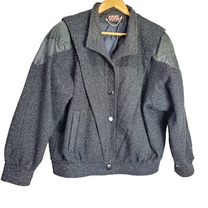 Vintage 80s Wool Leather Speckled Black Button Bomber Jacket Coat Size Medium