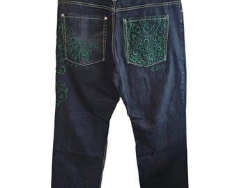 Vintage Coogi Jeans Mens 42x35 Baggy Embroidered Green Scroll Y2K Hip Hop Denim