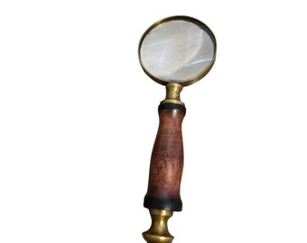 Vintage Brass & Wood Magnifying Glass Antique Style Handheld Lens Rustic MCM