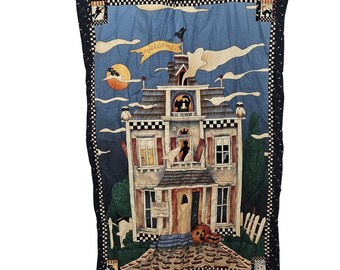Vintage Handmade Halloween Fabric Wall Decor Cat Haunted House Pumpkin Folk Art