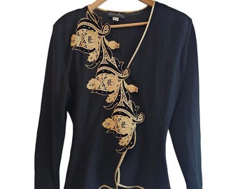 Vintage Floral Sweater Womens Med Black Gold Glam Rock Knit Embellished Evening