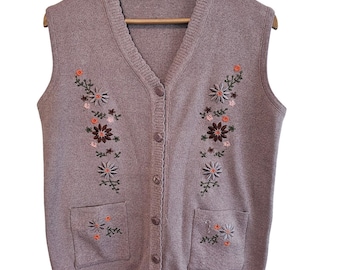 Vintage Flower Sweater Vest Womens Large Purple Embroidered Cottage Coquette