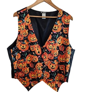 Vintage Halloween Vest Womens 1X Black Pumpkins 90s Whimsygoth Fall Party Retro afbeelding 1