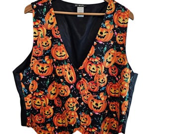 Vintage Halloween Vest Womens 1X Black Pumpkins 90s Whimsygoth Fall Party Retro