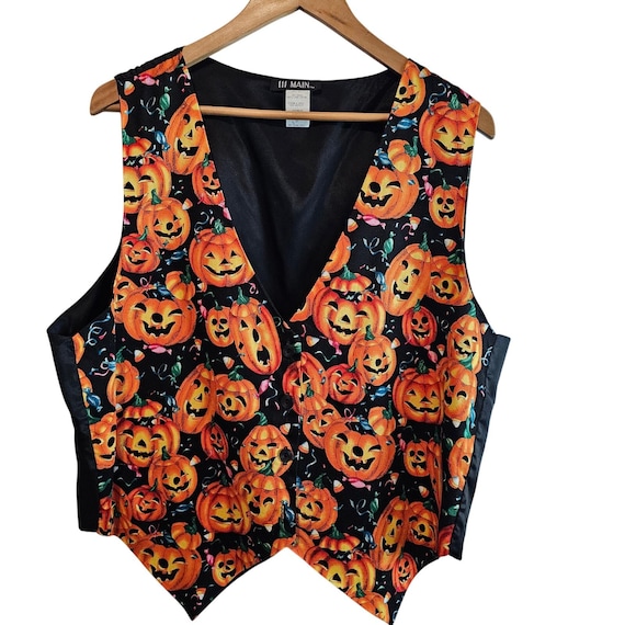Vintage Halloween Vest Womens 1X Black Pumpkins 90s Whimsygoth Fall Party Retro