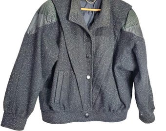 Vintage 80s Wool Leather Speckled Black Button Bomber Jacket Coat Size Medium