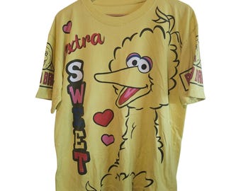 Vintage Sesame Street Big Bird Shirt Womens XL Yellow 90s Colorful Retro Cartoon