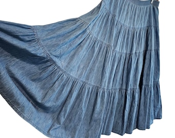Vintage 90s Denim Maxi Skirt Womens Large Blue Tiered Cottage Western Full Boho