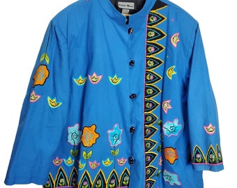 Indigo Moon Jacket Womens 3X Blue Embroidered Floral Bright Beaded Buttons