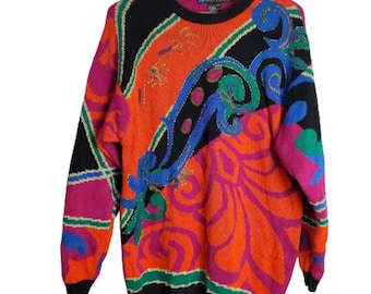 Vintage Colorful Sweater Womens Medium Bright Pink Knit Beaded Glam Rock 90s
