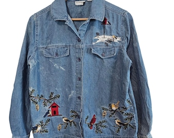 Vintage Breckenridge Christmas Blouse Women Small Denim Button Birds Snow Winter