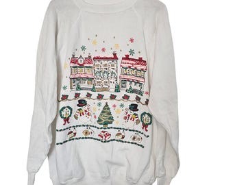Vintage Christmas Sweater Women XXL White Holiday Town Snowman Grandmacore Retro