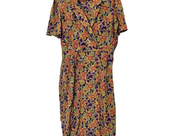 Vintage Arbor Creek Dress Size Large 80s Purple Yellow Floral Shirt Dress Midi