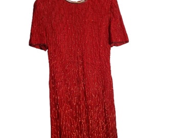 Vintage 80s Laurence Kozar Sequins Beaded Silk Red Cocktail Dress Size Large