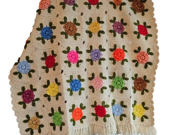 Vintage Crochet Afghan Blanket 68x41 Handmade 3D Roses Colorful Scalloped Edges