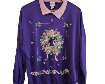 Vintage Christmas Collared Sweater Women 2X Purple Holiday Wreath Bow Festive