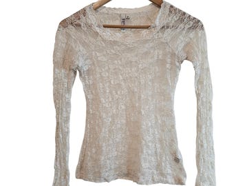 Y2K Mudd Lace Blouse Womens Sm White Glam Whimsygoth Fairy Romantic Retro Sheer