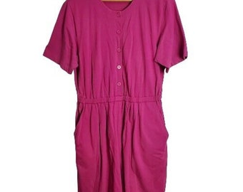 Vintage 90's Liz Claiborne Hot Pink Short Sleeve Button Up Romper Size Large