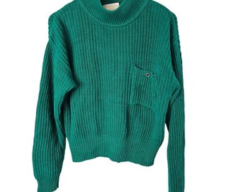 Vintage Huntington Ridge Sweater Womens Medium Green Ribbed 80s Knit Academia