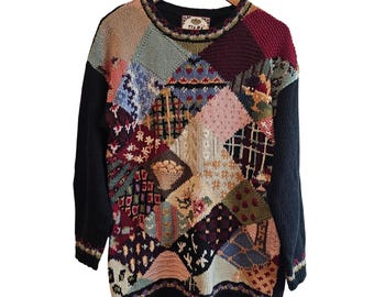Vintage Tiara Sweater Womens Med Black Knit Floral Patchwork Cottage Grandmacore