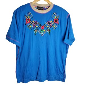 Vintage 90s Blouse Womens Medium Carole Little Blue Embroidered Embellished