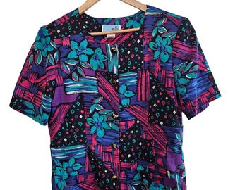 Vintage Worthington Blouse Womens Sz 8 Purple Button Floral 90s Glam Retro Fairy