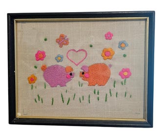 Vintage Piglets and Posies Needlepoint Picture 70s Cottage Butterflies Flowers
