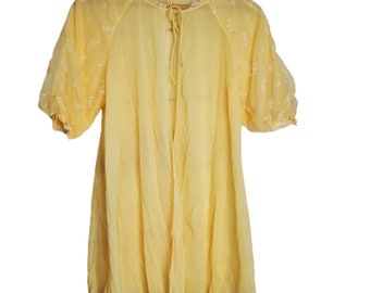 1950's Vintage Warner's Yellow Sheer Lace Lingerie Robe Poof Sleeves Medium