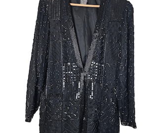 Vintage Jessica Howard Blazer Womens Small Black Silk Beaded Evening Wedding 90s