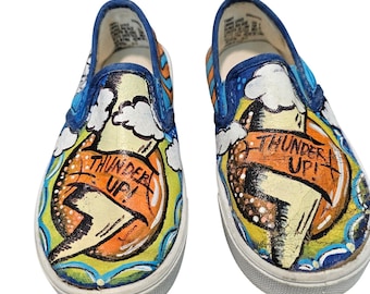 OKC Thunder Basketball Hand Painted Sneakers Kids Size 8 Slip On NBA Blue Orange