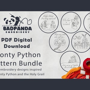 Monty Python Bundle Embroidery Pattern PDF - Digital Download Template for Modern Hand Embroidery - Holy Grail - Set Of Six Designs