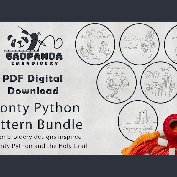 Monty Python Bundle Embroidery Pattern PDF - Digital Download Template für moderne Handstickerei - Heiliger Gral - Set Of Six Designs