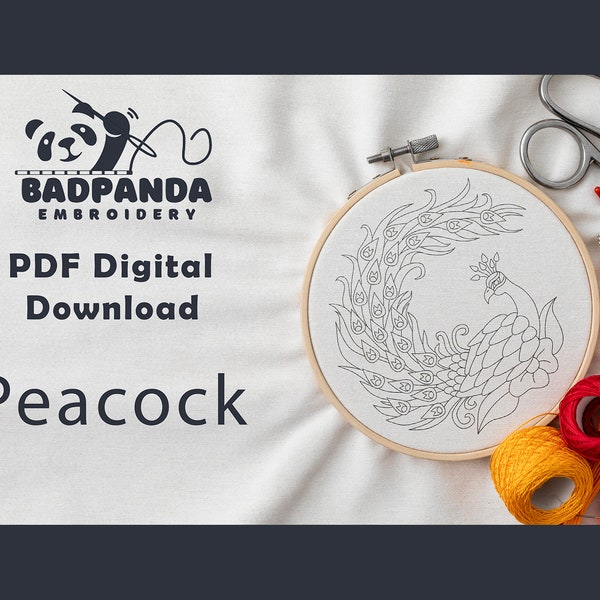 Peacock Embroidery Pattern PDF - Digital Download Template for Modern Hand Embroidery - Circular Peacock Design