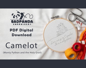 Wzór haftu Camelot Silly Place w formacie PDF - Szablon do pobrania cyfrowego do nowoczesnego haftu ręcznego - Monty Python Święty Graal Zabawny cytat