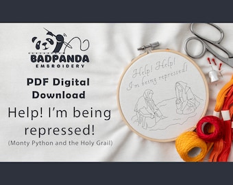 Pomocy, jestem represjonowany Wzór haftu PDF - Cyfrowy szablon do pobrania dla nowoczesnego haftu ręcznego - Monty Python Święty Graal Zabawny cytat