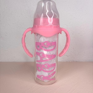 8oz glass adult bottle - removable sippy handles and straw insert - baby text - pink