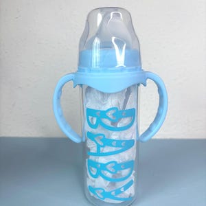 8oz glass adult bottle - removable sippy handles and straw insert - baby text
