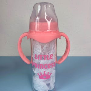 8oz glass adult bottle - removable sippy handles and straw insert - little princess text