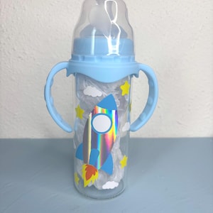 8oz glass adult bottle - removable sippy handles and straw insert - sleepy moon - blue - rocket
