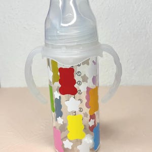8oz glass adult bottle - removable sippy handles and straw insert - gummy bears
