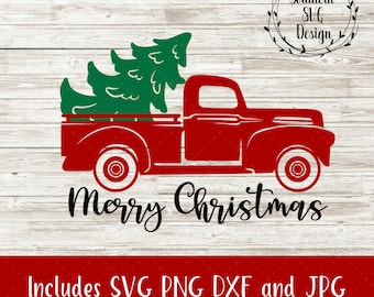 Christmas Truck SVG~Vintage Truck SVG~Christmas Tree SVG~Red Truck svg~Merry Christmas svg dxf png~Cricut cut file~Silhouette Cameo File