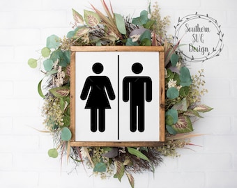 May include: A wooden sign with a white background and black silhouettes of a female and male figure. The sign is surrounded by a green and brown floral wreath. The text "Southern SVG Design" is in a gray circle above the sign.