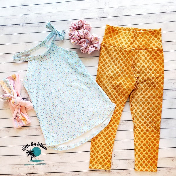 Leggings/pants with ice cream cone/waffle cone print and sprinkle top for baby or toddler, cute birthday party outfit, everyday or costume