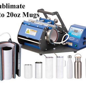 May include: A blue and black mug press machine with a digital display, alongside various white and stainless steel drinkware items. Text on the image reads "Sublimate 11oz to 20oz Mugs."