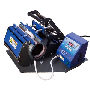 May include: A blue and black mug heat press machine with a digital control panel. The machine has a cylindrical heating element and a handle for pressing. The control panel displays temperature settings.