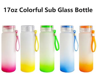 Ready to Ship - 17oz Colored Frosted Blank Sublimation Glass Water Bottle with Lid and Carry Strap