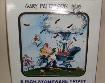 Clay Design Gary Patterson King of the Grill  6" Stoneware  Square Trivet NEW