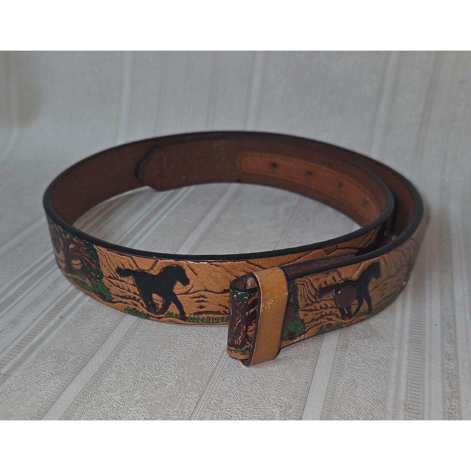 Vintage NOCONA Tooled Leather Belt Womens‎ (28) Black Horse Buckle Western Rodeo Nocona Tooled Leather Western Belt - Women main image 2