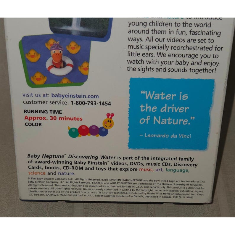 May include: The rear of a Baby Neptune DVD case shows a cartoon hippo in a life preserver with yellow ducks. Text includes "Water is the driver of Nature" and "Approx. 30 minutes" of content.