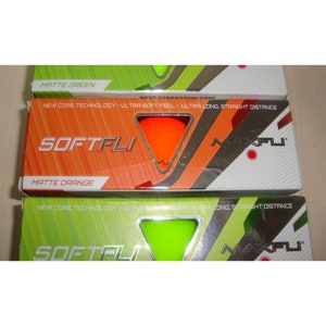 May include: Three boxes of golf balls, one with a green background and the text "Matte Green", one with an orange background and the text "Matte Orange", and one with a green background and the text "Matte Green". Each box features a golf ball in the center and the text "SOFTFLI" and "MAXFLI".